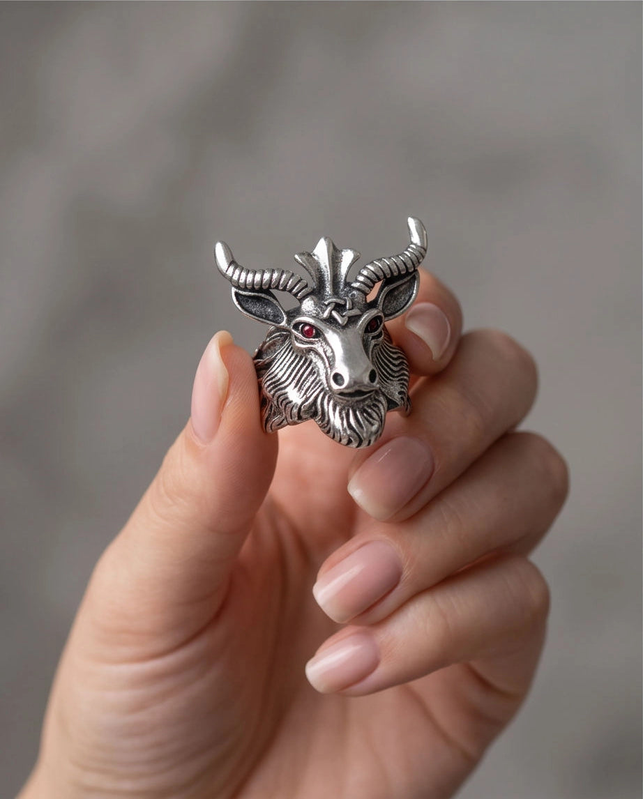 Red-Eyed Sculpted Baphomet Ram Ring