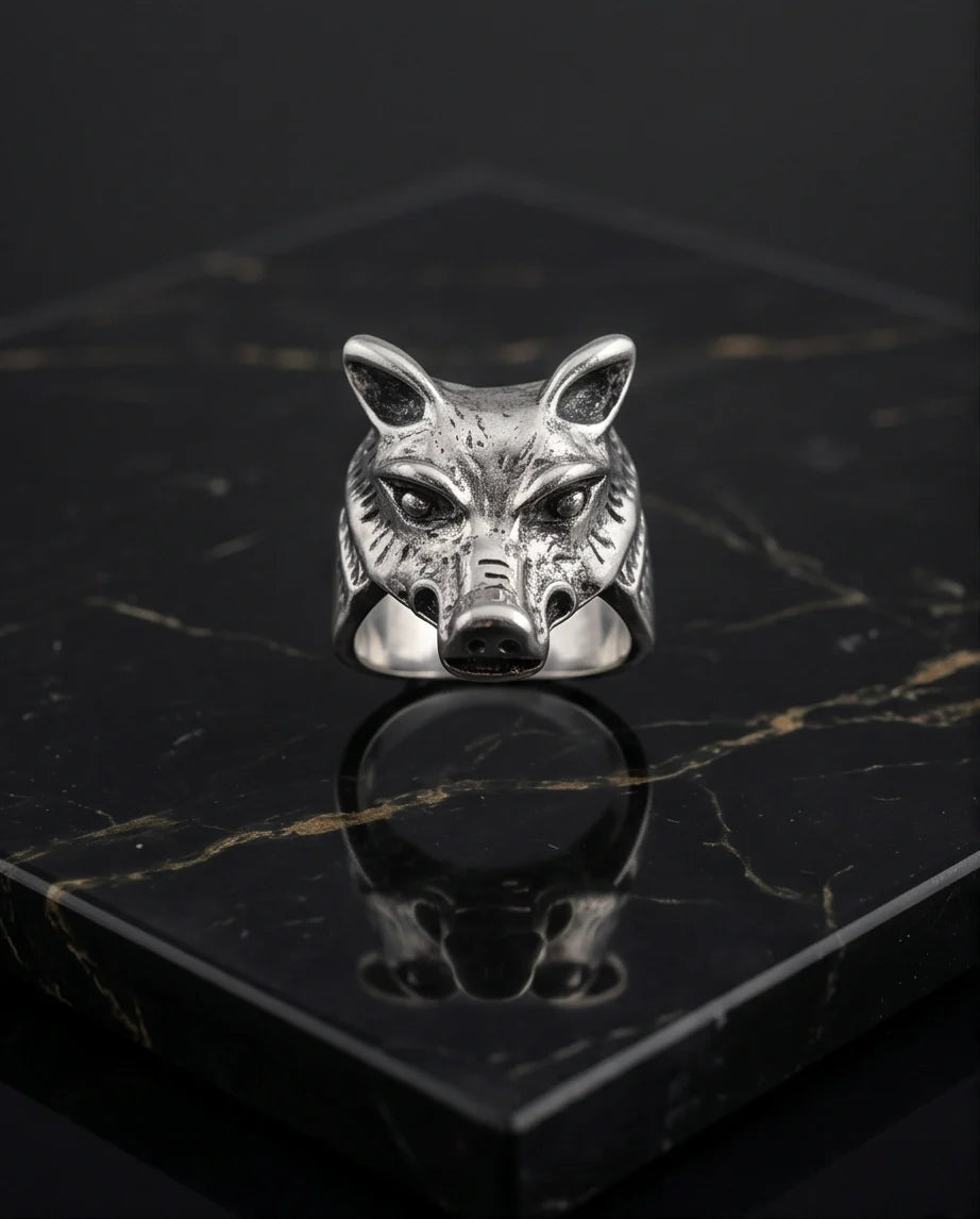 Vintage Silver Oxidized Wolf Head Viking Statement Ring