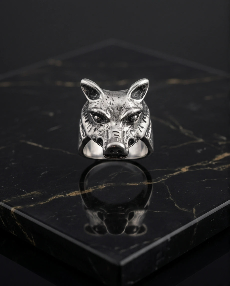 Vintage Silver Oxidized Wolf Head Viking Statement Ring