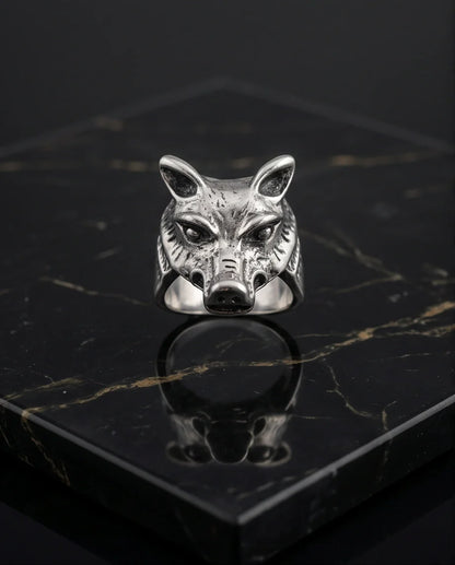 Vintage Silver Oxidized Wolf Head Viking Statement Ring