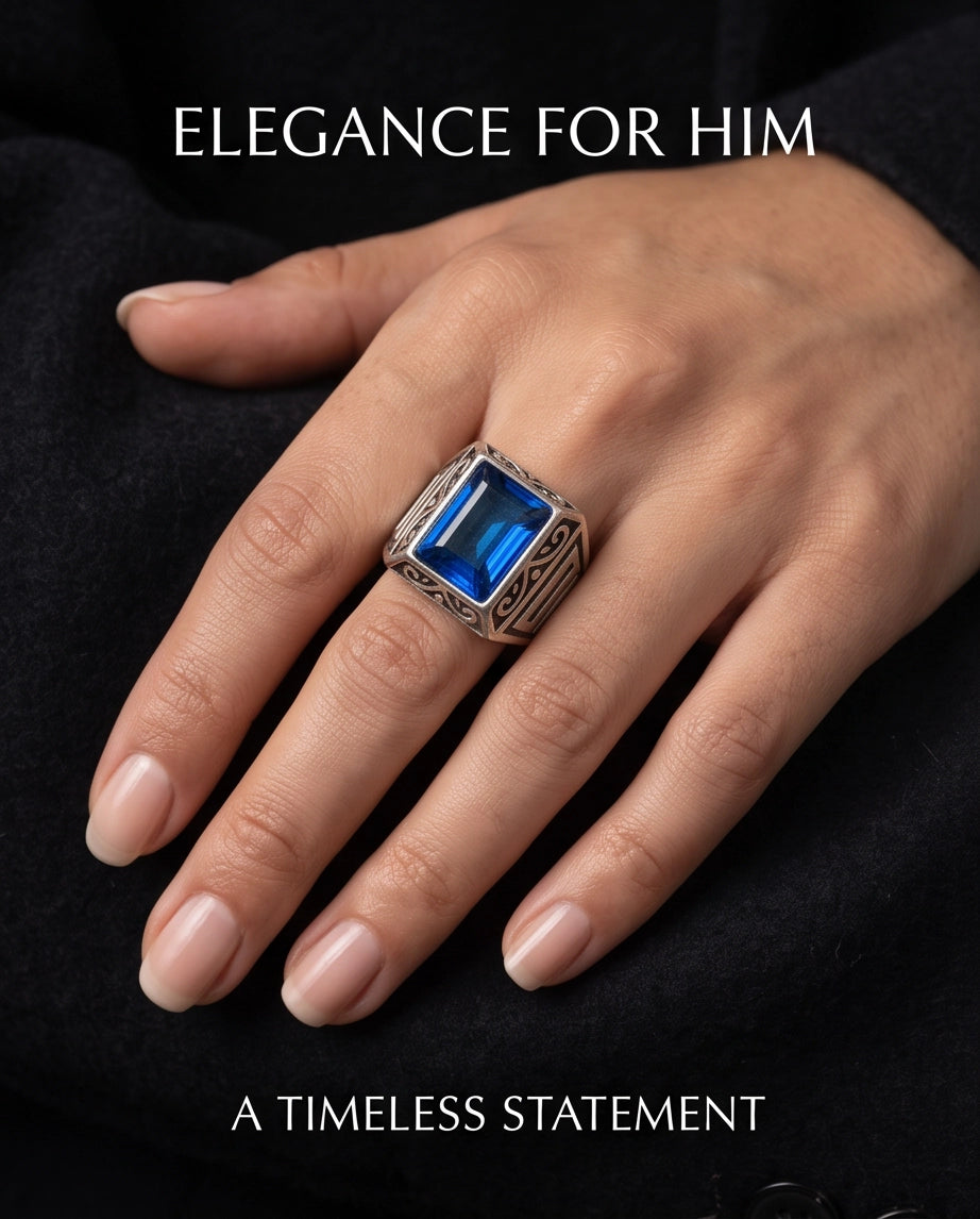 Sapphire Gemstone Rectangular Filigree Bezel Silver Ring