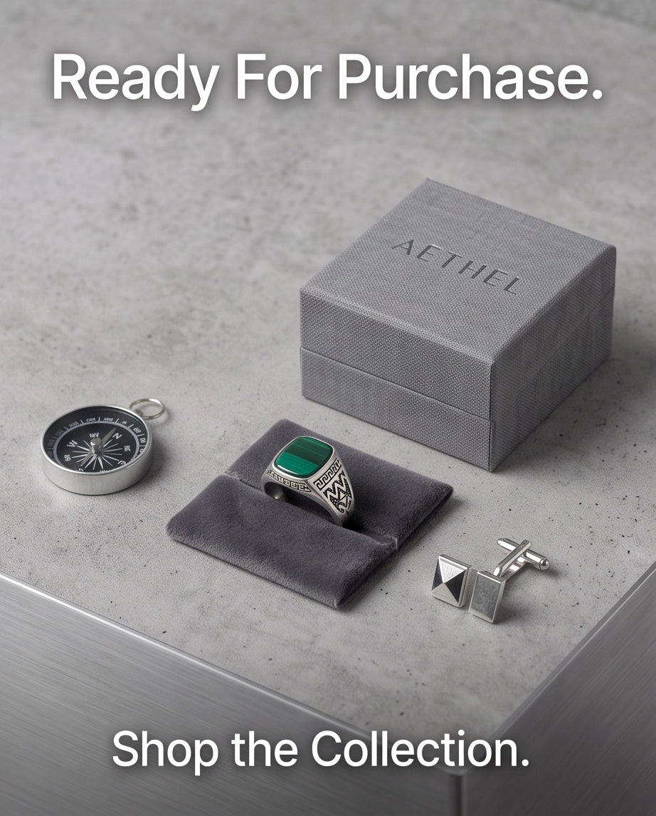 Green Agate Cushion Cabochon Greek Key Zigzag Silver Ring