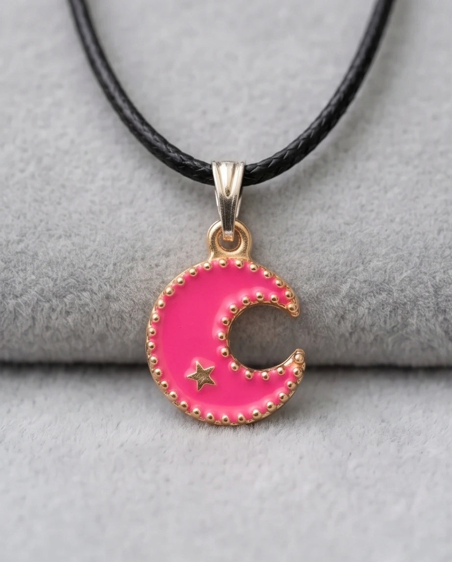 Gold and Pink Celestial Crescent Moon Necklace