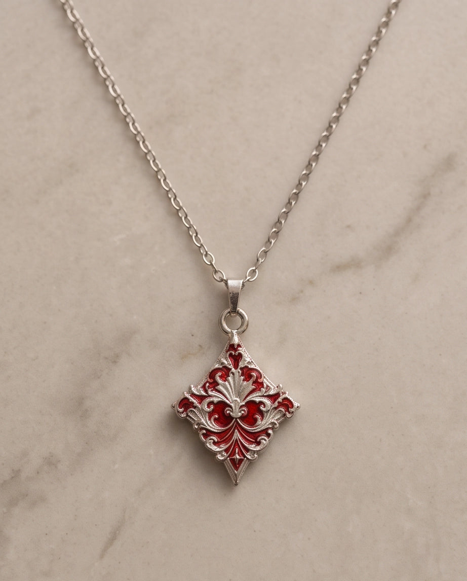 Silver Red Enamel Filigree Diamond Pendant Necklace
