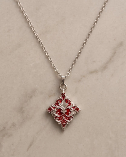 Silver Red Enamel Filigree Diamond Pendant Necklace