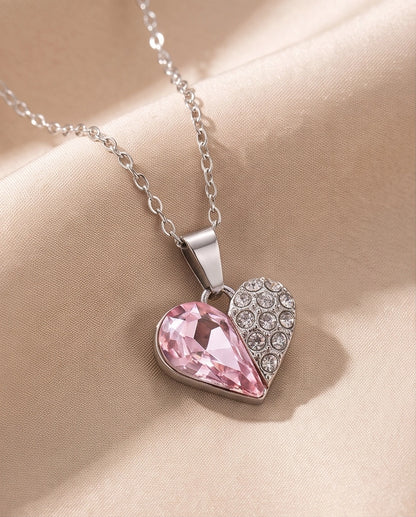 Silver Rose Pink Heart Pavé Pendant Necklace