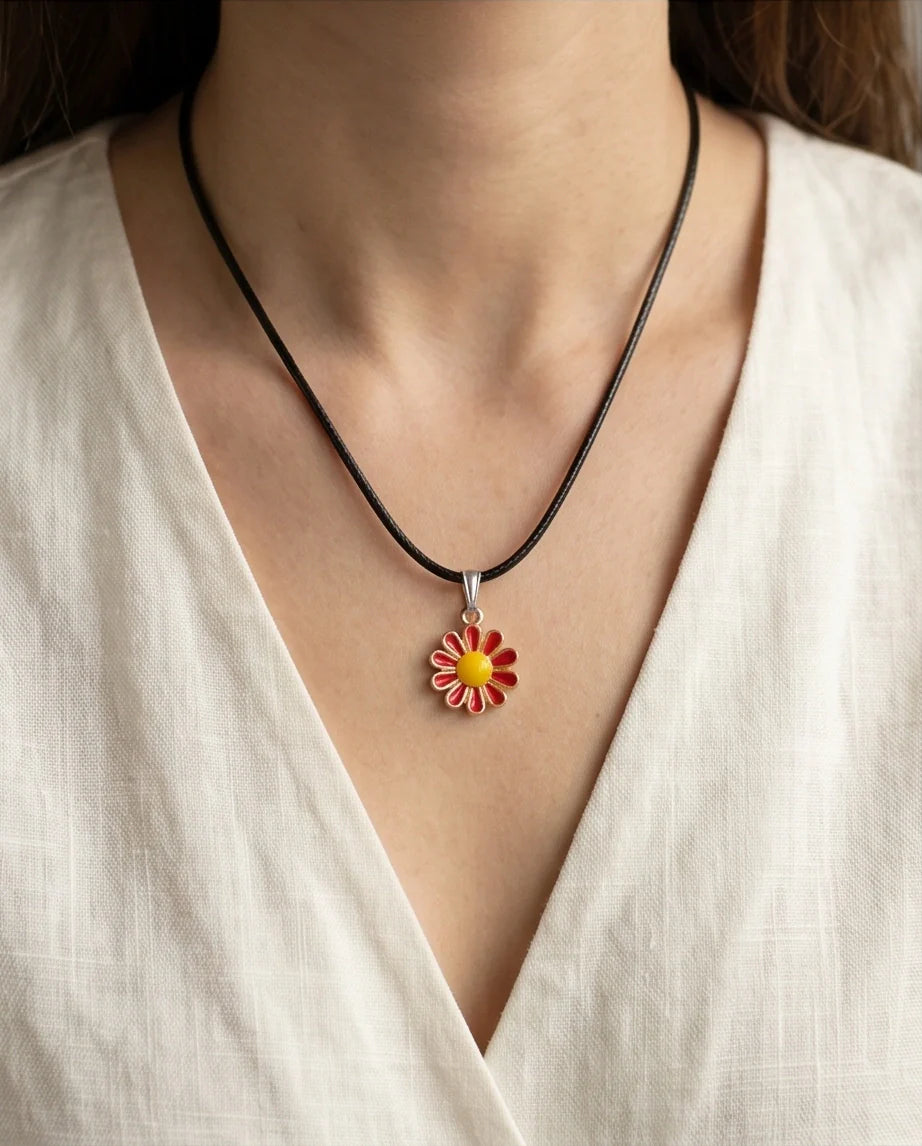 Gold and Red Flower Pendant Necklace