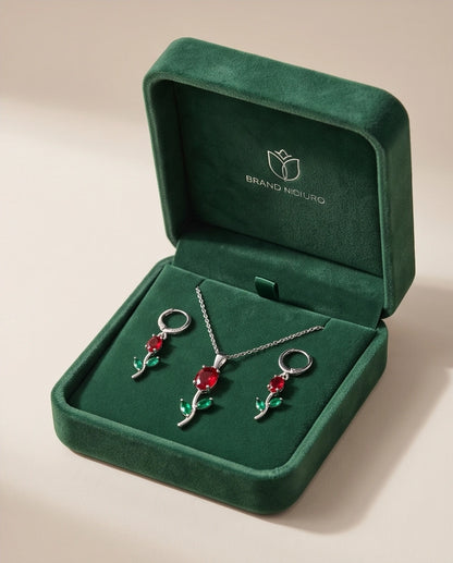 Silver Crystal Rose Necklace Set
