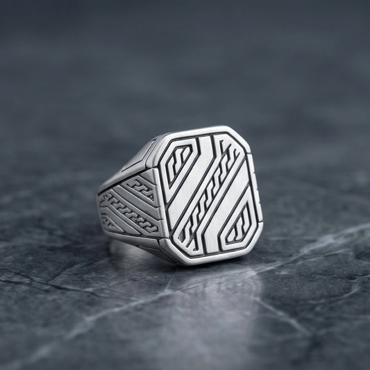 Sterling Silver Cyberpunk Geometric Signet Ring