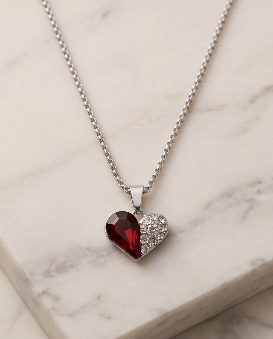 Silver Ruby Heart Pavé Pendant Necklace