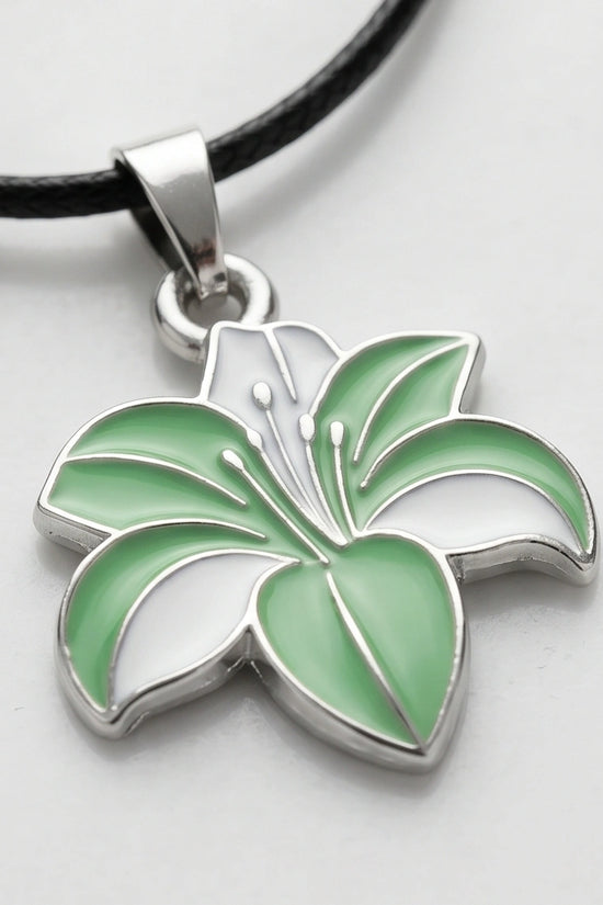 Elegant Green and White Lily Enamel Pendant Necklace