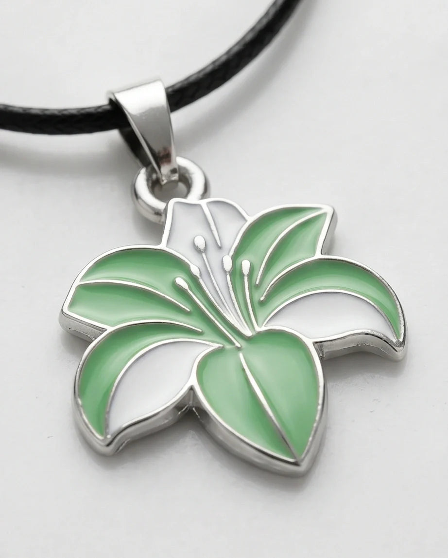 Elegant Green and White Lily Enamel Pendant Necklace