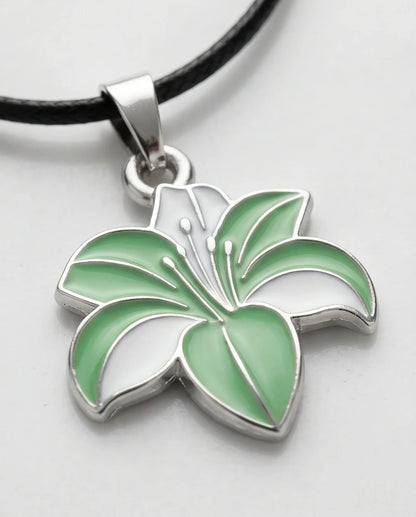 Elegant Green and White Lily Enamel Pendant Necklace