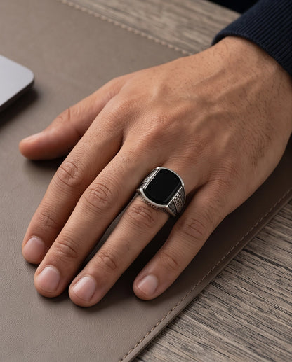 Onyx Gemstone Cushion Cabochon Greek Key Stippled Silver Ring