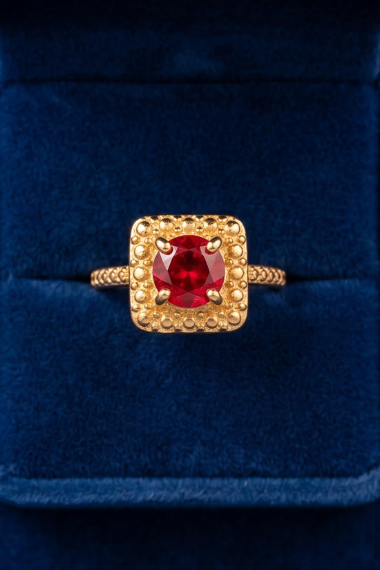 Vintage Gold Ruby Square Granulation Halo Ring