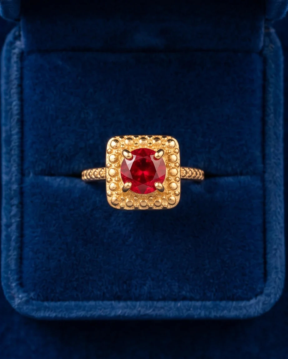 Vintage Gold Ruby Square Granulation Halo Ring