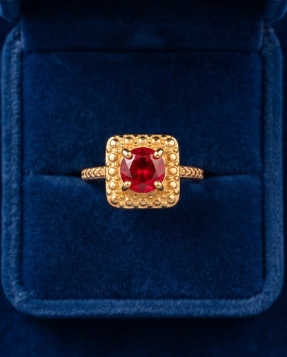 Vintage Gold Ruby Square Granulation Halo Ring