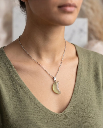 Silver Fluorite Light Green Crescent Moon Pendant Necklace