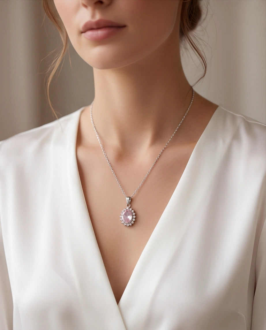 Silver Pink Crystal Oval Halo Medallion Pendant Necklace