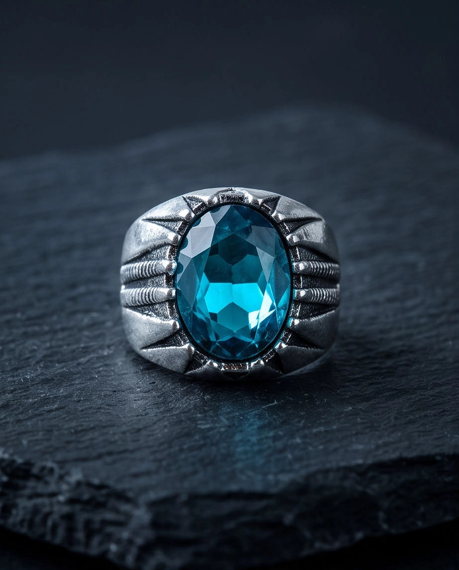 Oxidized Silver Oval Aqua Blue Claw Signet Ring