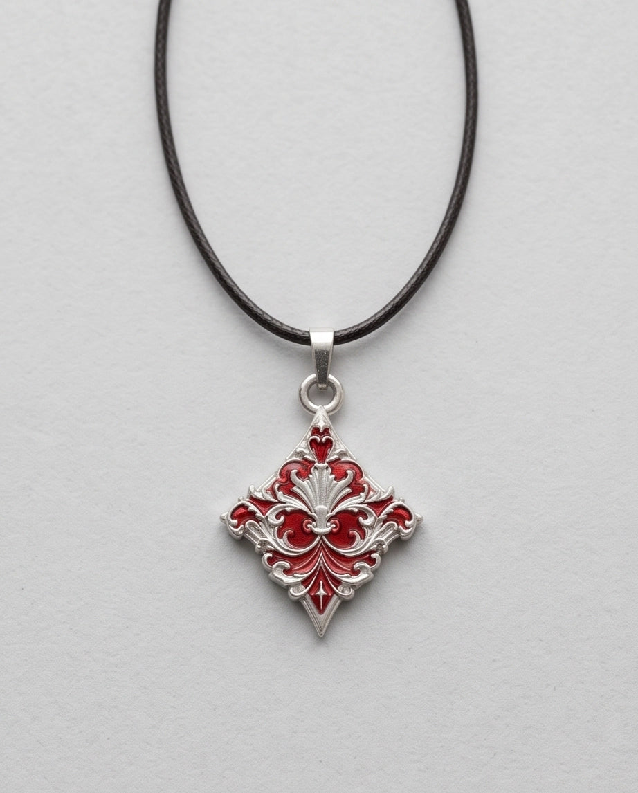 Silver Red Enamel Filigree Diamond Pendant Necklace