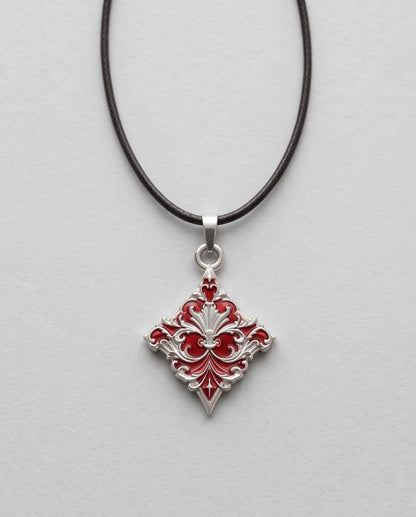 Silver Red Enamel Filigree Diamond Pendant Necklace