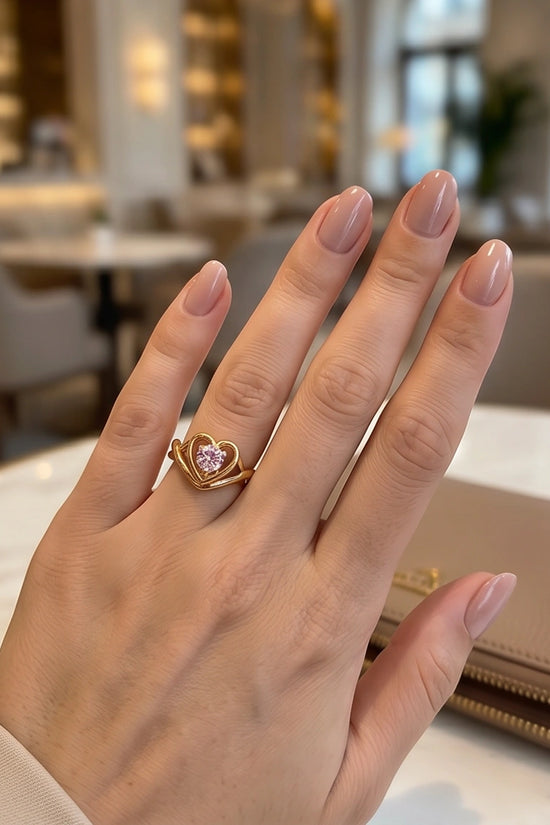 Gold Pink Tourmaline Heart Openwork Ring