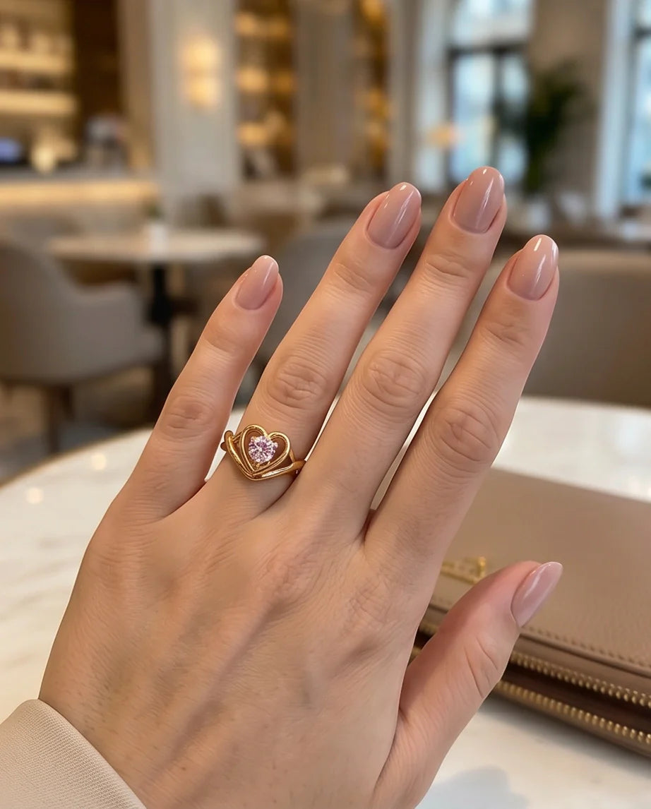 Gold Pink Tourmaline Heart Openwork Ring