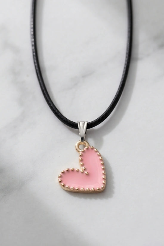 Pink Beaded-Edge Heart Enamel Pendant Necklace