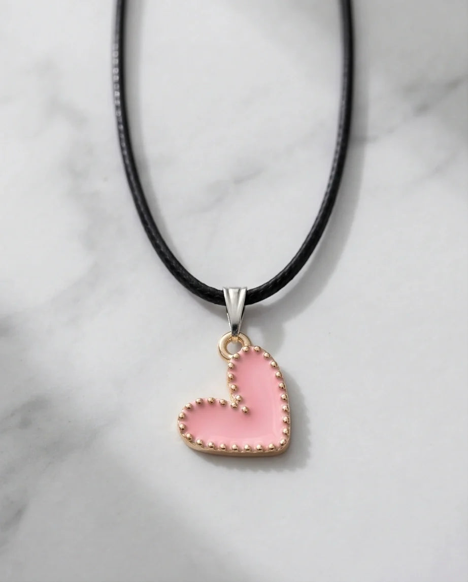 Pink Beaded-Edge Heart Enamel Pendant Necklace