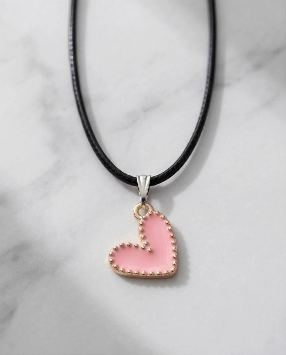 Pink Beaded-Edge Heart Enamel Pendant Necklace