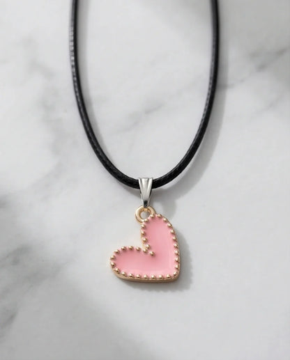 Pink Beaded-Edge Heart Enamel Pendant Necklace