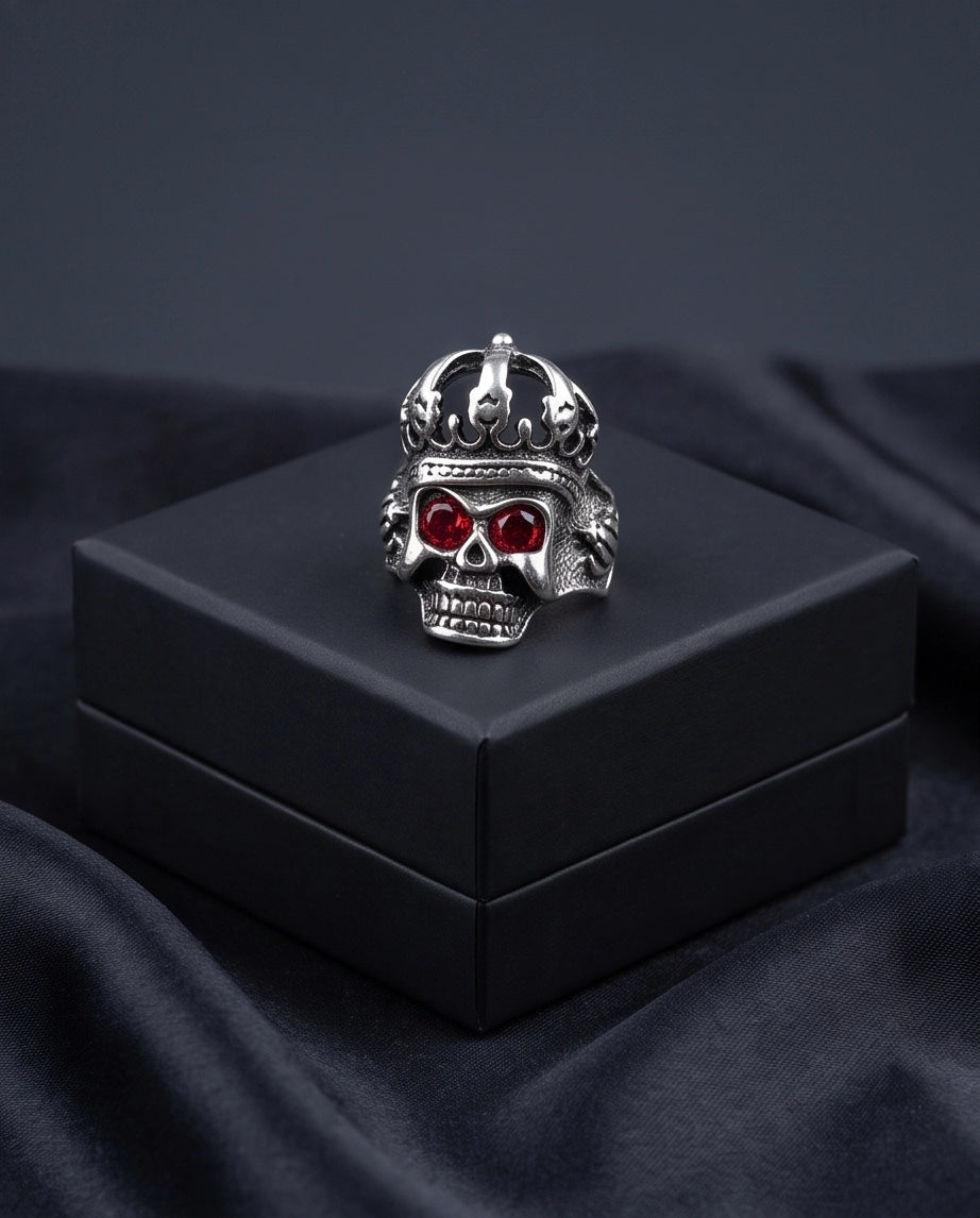 Ruby-Eyed Crowned Skull Ring