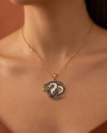 Gold Coiled Dragon Black & White Enamel Pendant Necklace