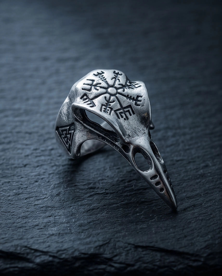 Oxidized Silver Raven Skull Vegvisir Ring