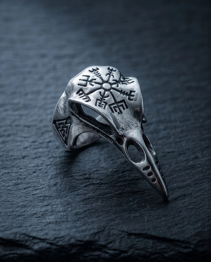 Oxidized Silver Raven Skull Vegvisir Ring