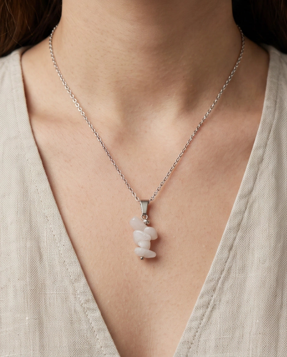 Silver Stacked Raw Rose Quartz Chip Stone Pendant Necklace