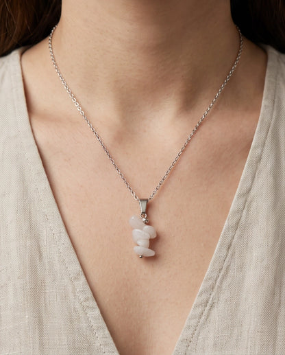 Silver Stacked Raw Rose Quartz Chip Stone Pendant Necklace