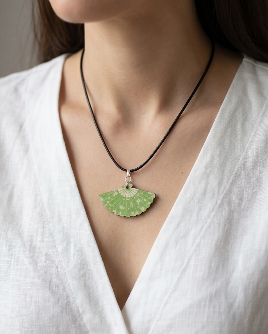 Vintage Green Matcha Floral Hand-Fan Pendant Necklace