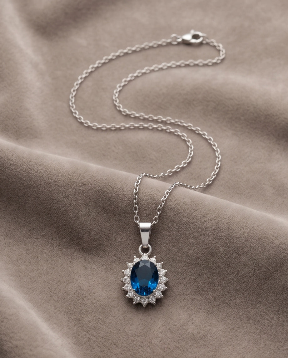 Silver London Blue Oval Halo Medallion Pendant Necklace