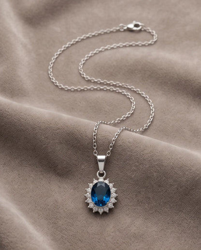 Silver London Blue Oval Halo Medallion Pendant Necklace