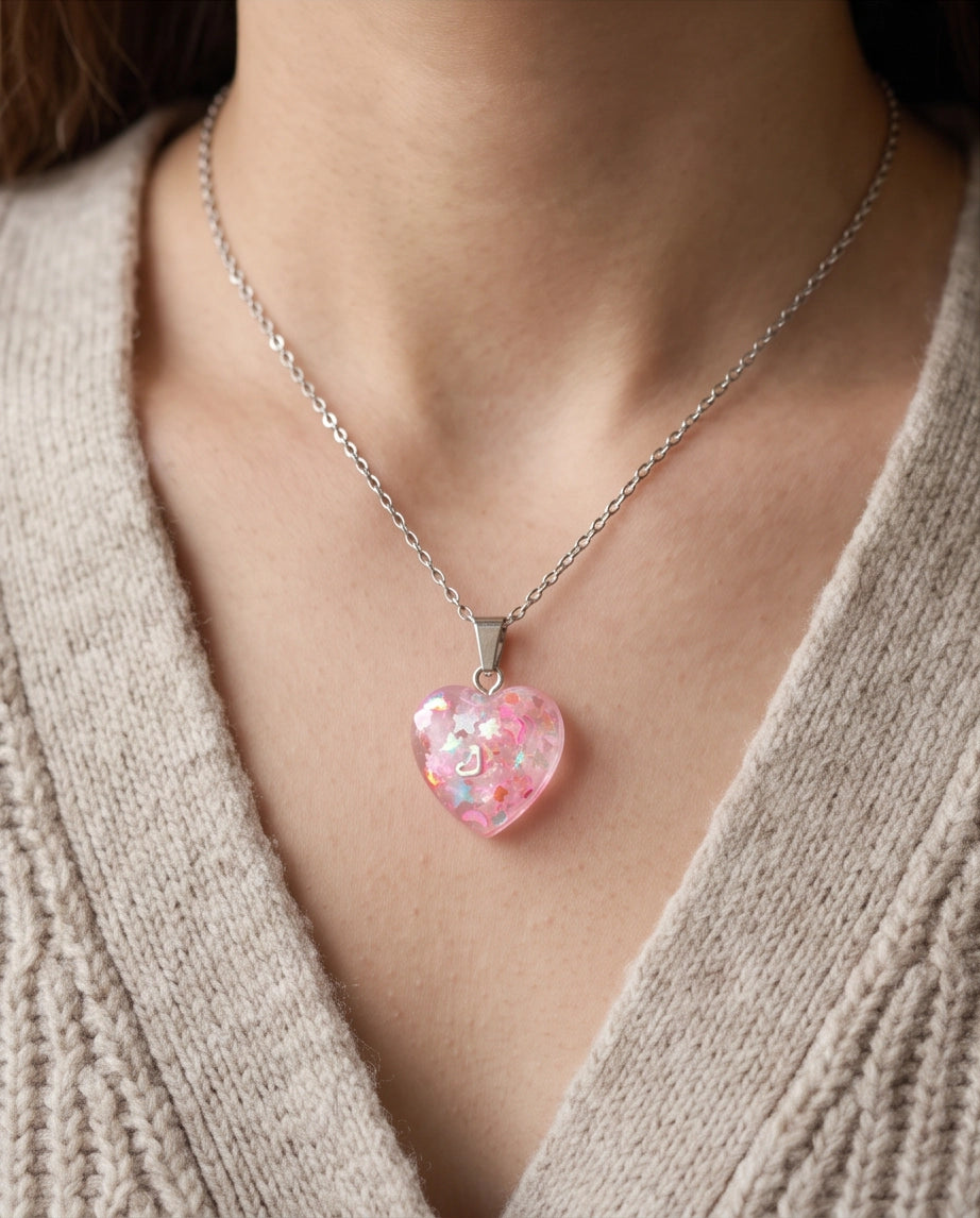 Silver Faceted Rose Pink Glitter Heart Resin Pendant Necklace