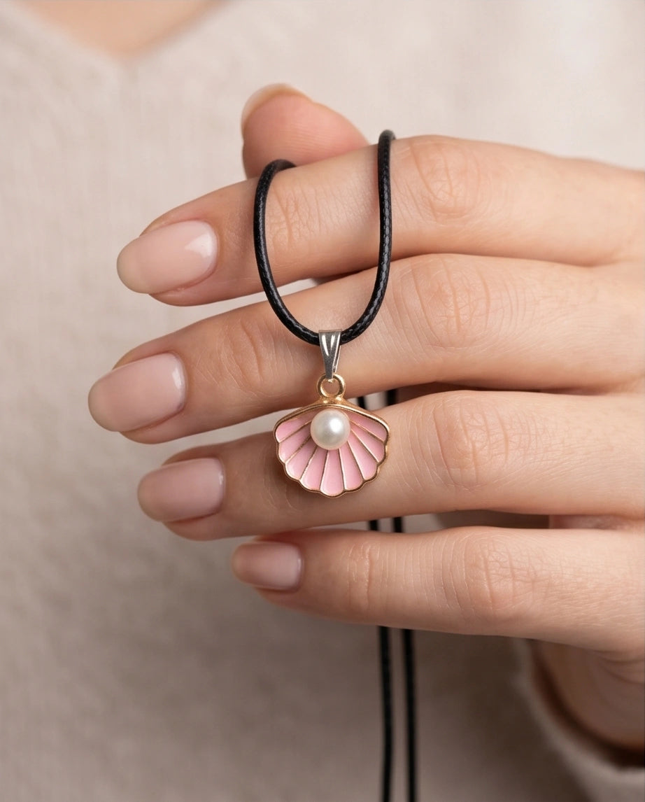 Pink Seashell Enamel Pendant Necklace with Faux Pearl