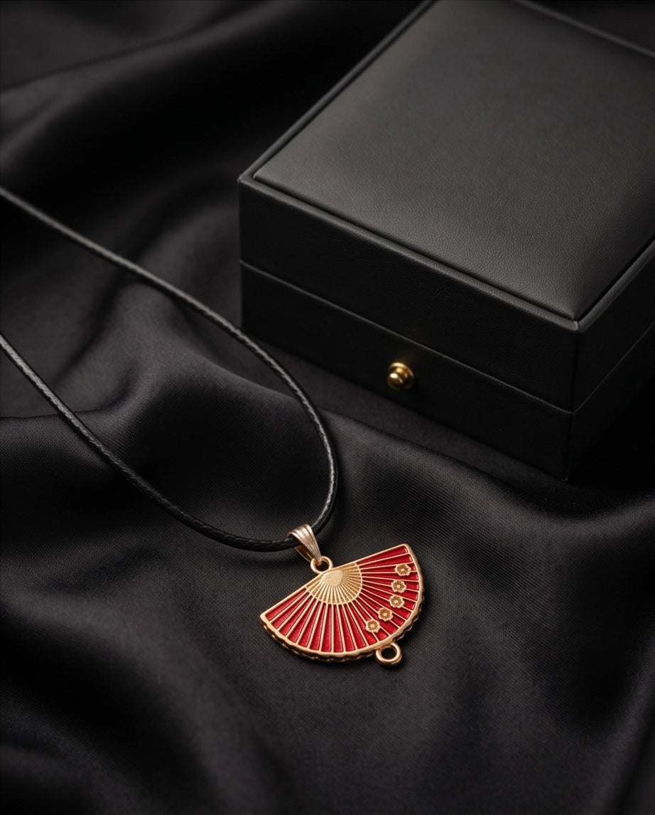 Crimson Sakura Fan Pendant Necklace