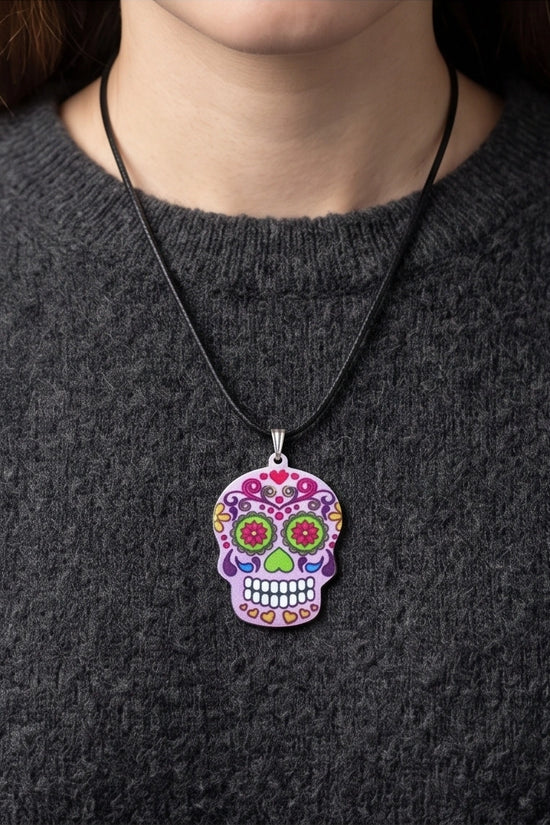 Vibrant Pastel Pink Sugar Skull Día de los Muertos Pendant Necklace