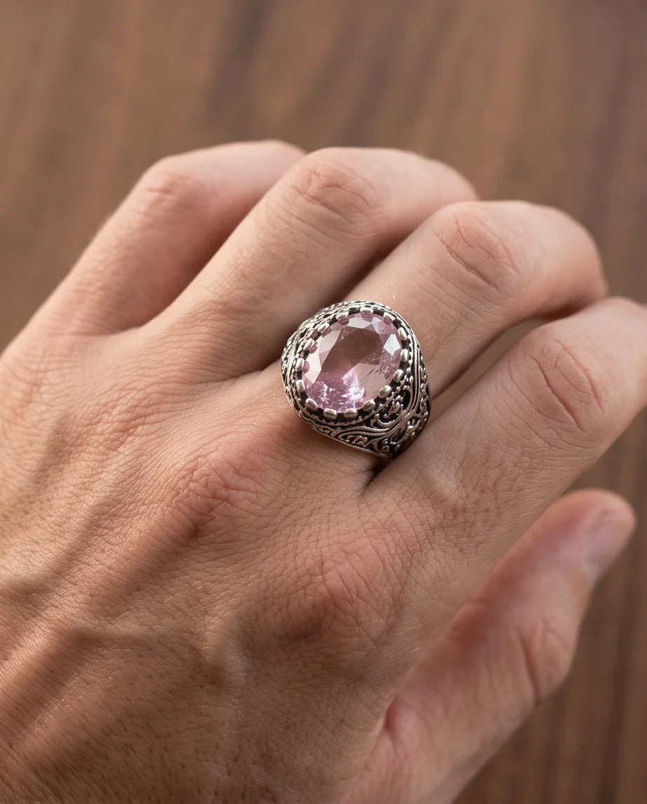 Morganite Gemstone Notched Bezel Scrollwork Silver Ring