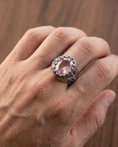 Morganite Gemstone Notched Bezel Scrollwork Silver Ring