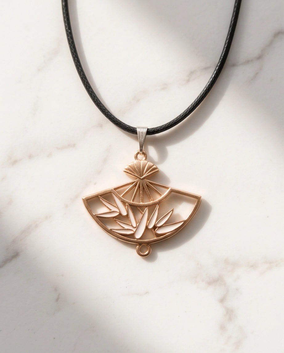 White Leaf Bamboo Fan Pendant Necklace