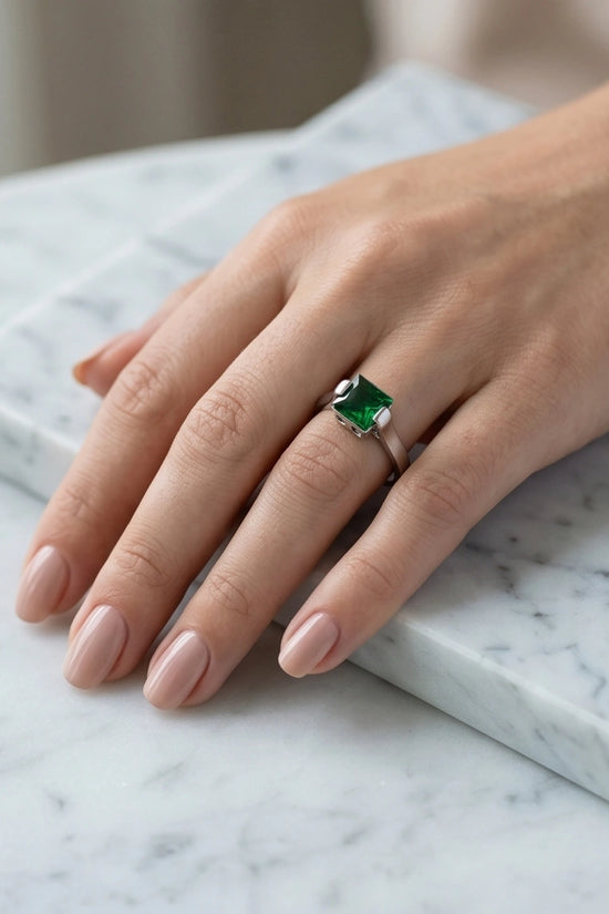 Sterling Silver Princess-Cut Deep Green Emerald Solitaire Ring