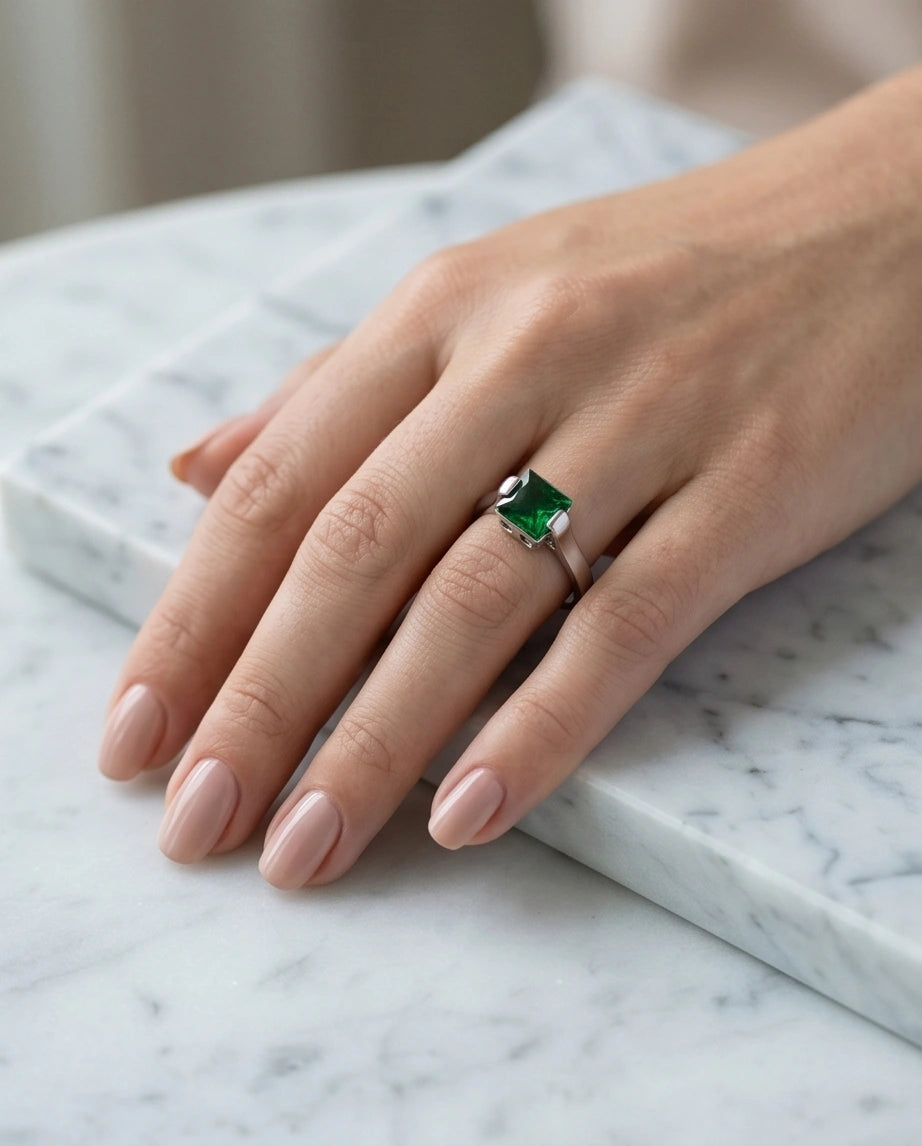 Sterling Silver Princess-Cut Deep Green Emerald Solitaire Ring